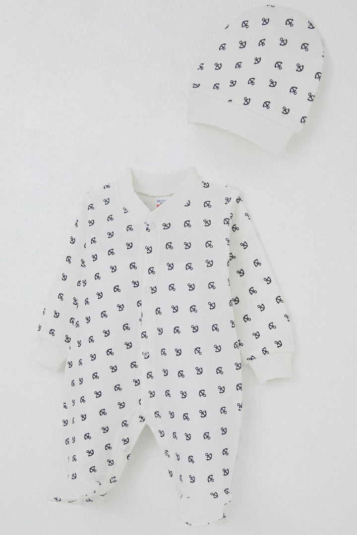 BRE Breeze Baby Boy Footed Romper with Anchor Pattern Sea Themed 0-6 Months, Ecru - Pioltello