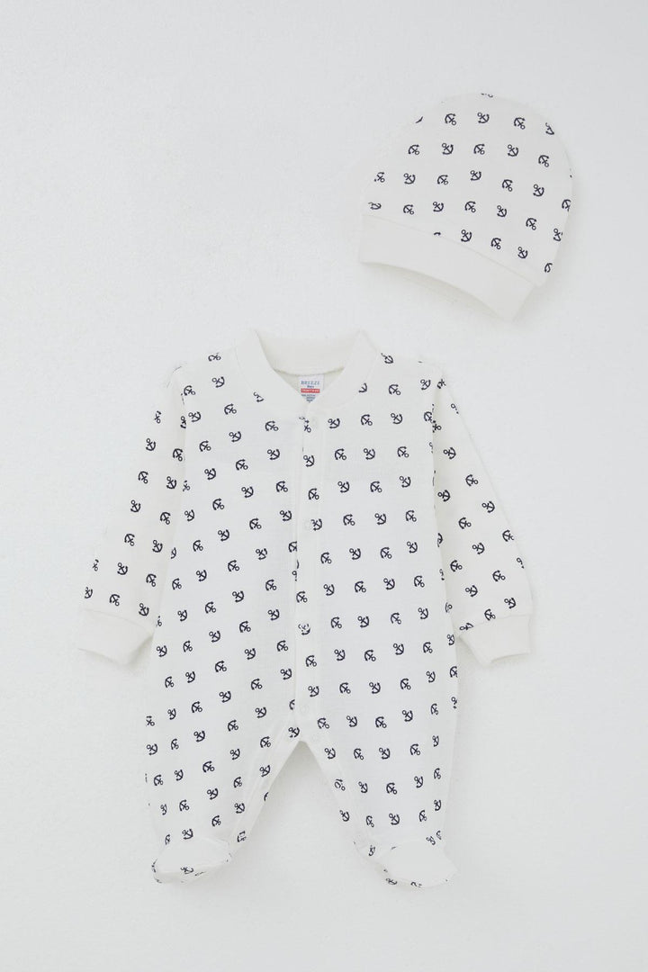 BRE Breeze Baby Boy Footed Romper with Anchor Pattern Sea Themed 0-6 Months, Ecru - Pioltello