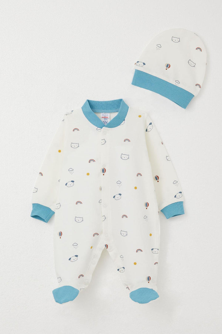 BRE Breeze Baby Boy Footed Romper Sky Themed Animal Patterned 0-6 Months, White - Waukegan