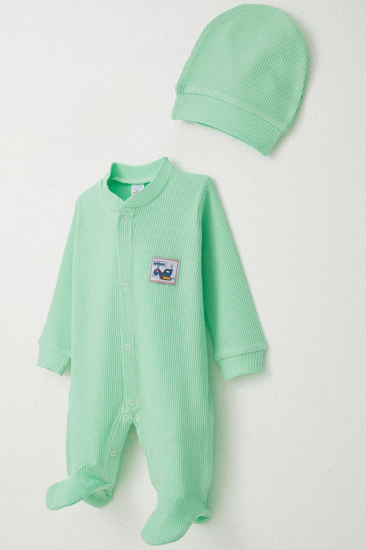 BRE Breeze Baby Boy Footed Romper with Construction Machine Print 0-6 Months, Pistachio Green - Fair Oaks