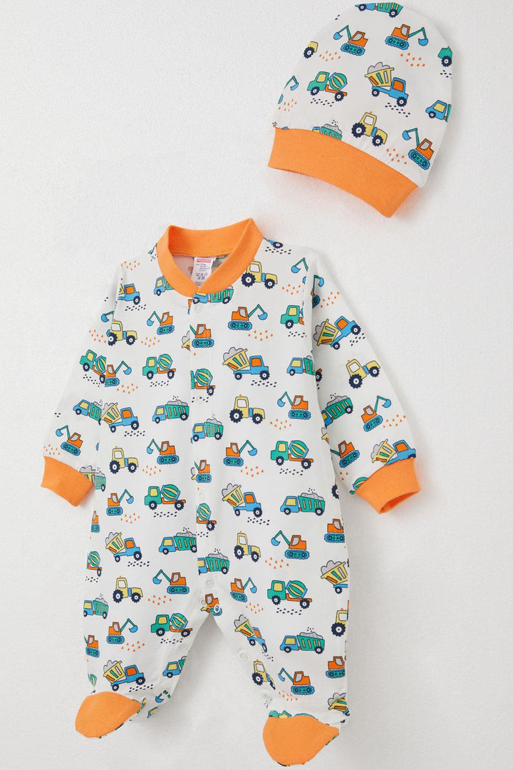 BRE Breeze Baby Boy Footed Romper with Construction Machines Pattern, 0-6 Months, White - New Plymouth