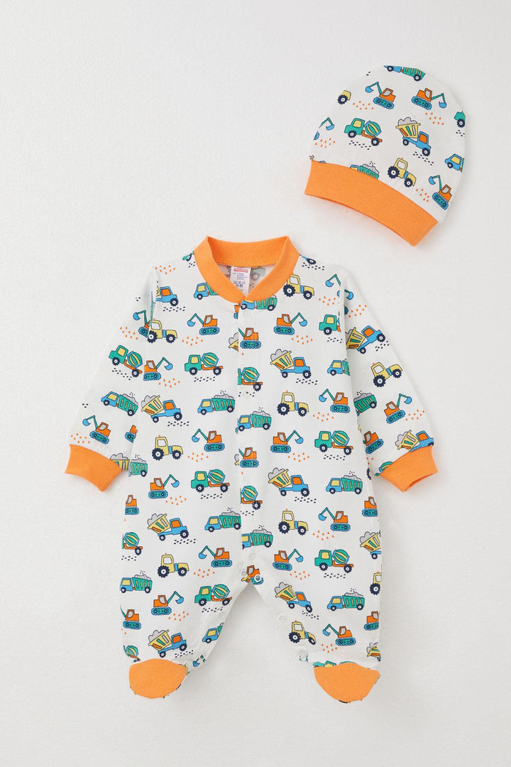 BRE Breeze Baby Boy Footed Romper with Construction Machines Pattern, 0-6 Months, White - New Plymouth