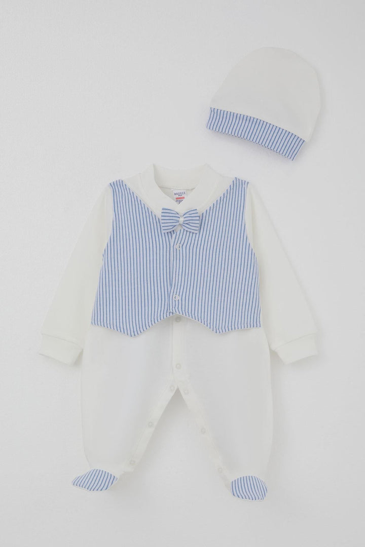 BRE Breeze Baby Boy Footed Romper with Fixed Bow Tie Vest 0-6 Months, White - Ciudad Acuña