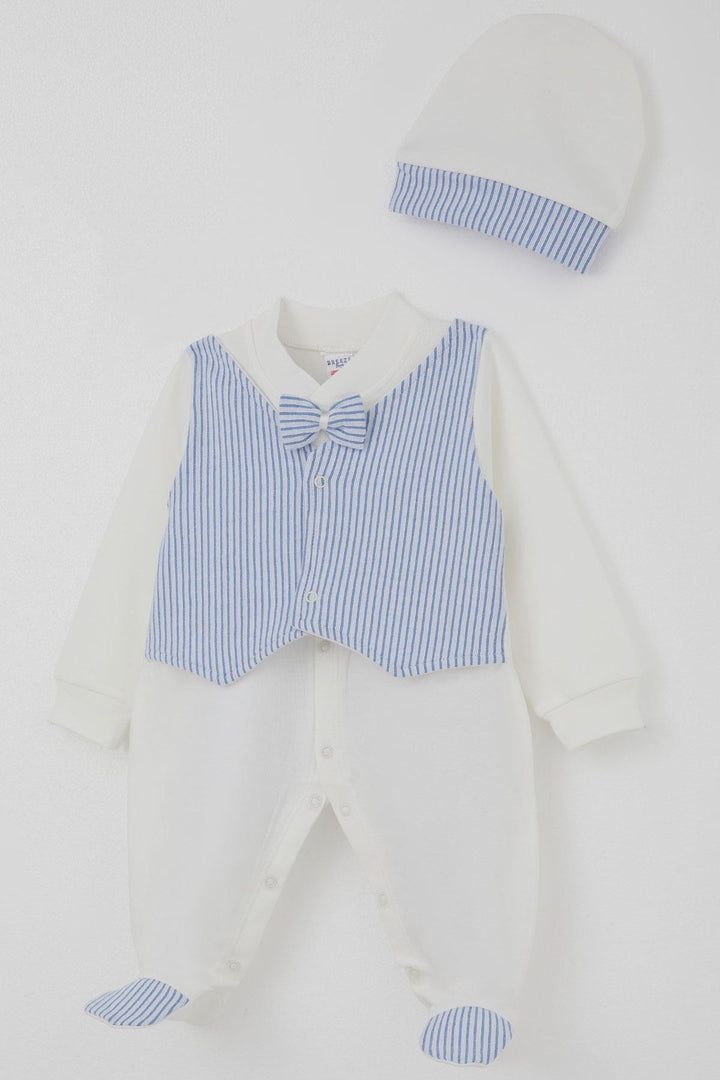 BRE Breeze Baby Boy Footed Romper with Fixed Bow Tie Vest 0-6 Months, White - Ciudad Acuña