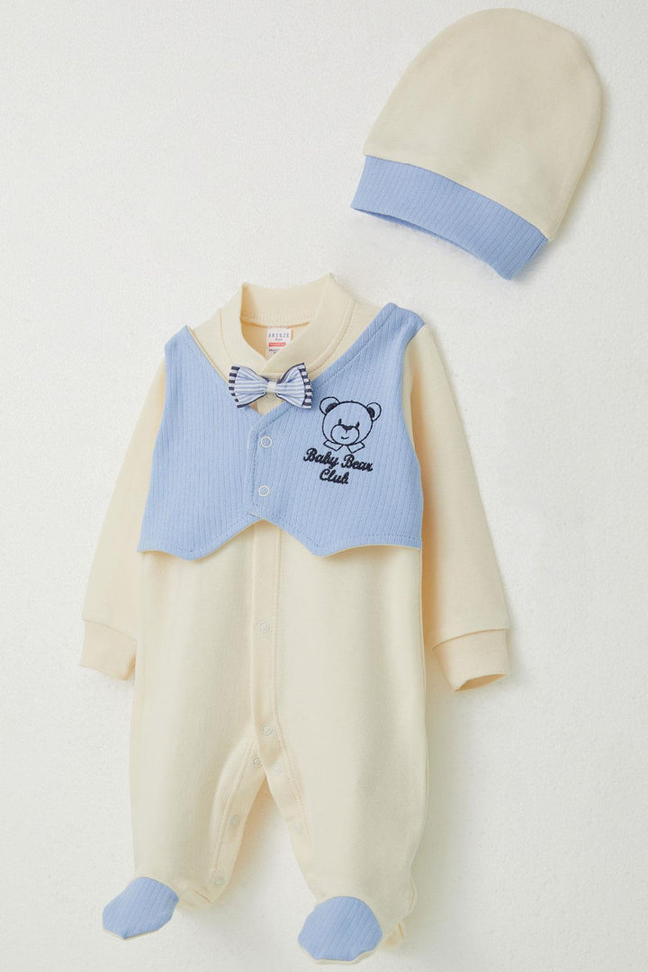 BRE Breeze Baby Boy Footed Romper with Fixed Bow Tie Vest 0-6 Months, Cream - Fort Myers