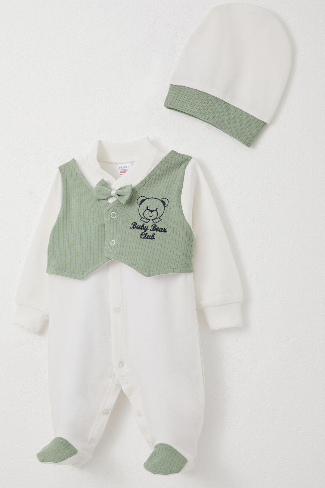 BRE Breeze Baby Boy Footed Romper with Fixed Bow Tie Vest, 0-6 Months, Ecru - Essex
