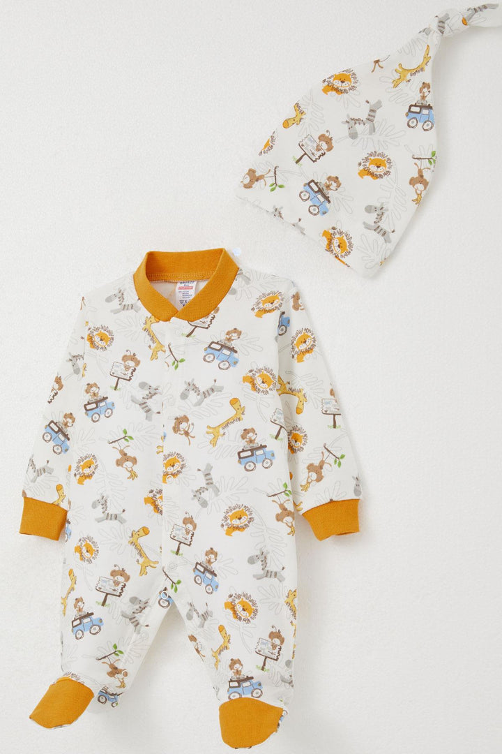 BRE Breeze Baby Boy Footed Romper Safari Themed with Animal Print 0-6 Months, White - Teotihuacan