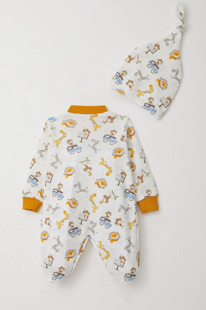 BRE Breeze Baby Boy Footed Romper Safari Themed with Animal Print 0-6 Months, White - Teotihuacan