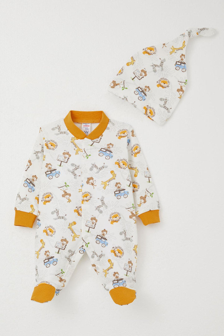 BRE Breeze Baby Boy Footed Romper Safari Themed with Animal Print 0-6 Months, White - Teotihuacan