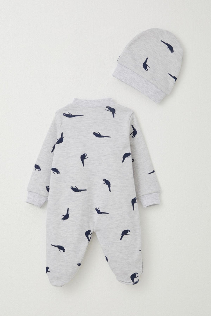 BRE Breeze Baby Boy Footed Romper Cute Parrot Patterned 0-6 Months, Light Grey Melange - Gori
