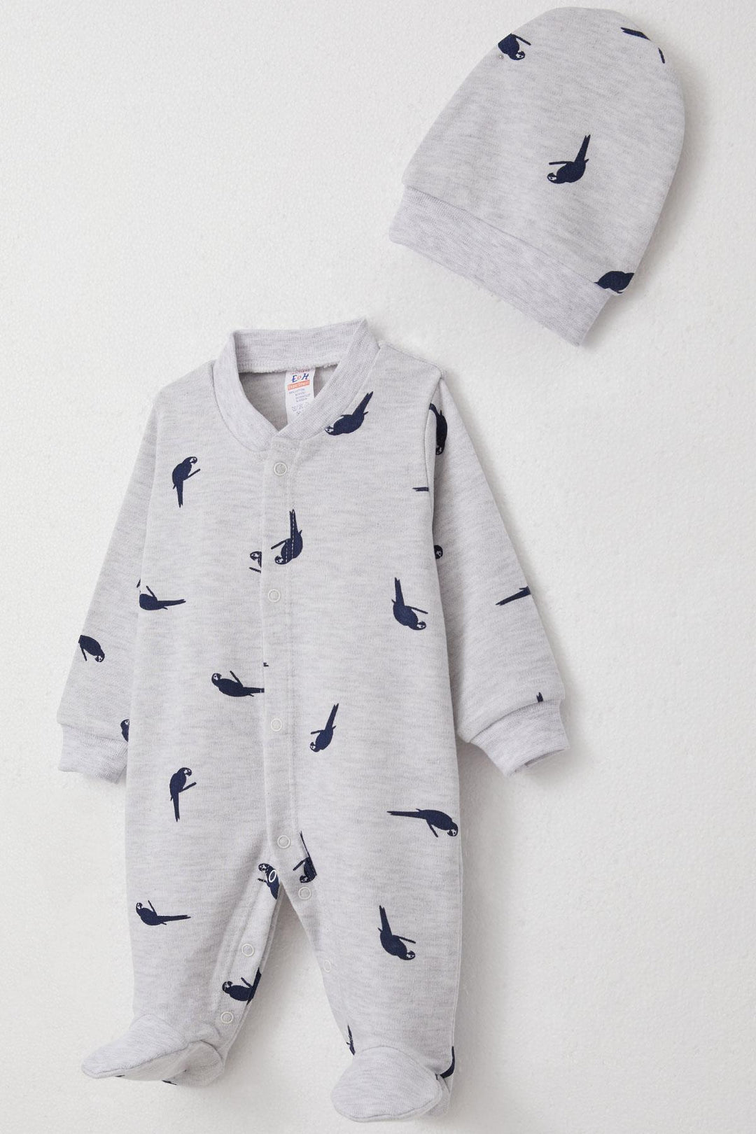 BRE Breeze Baby Boy Footed Romper Cute Parrot Patterned 0-6 Months, Light Grey Melange - Gori