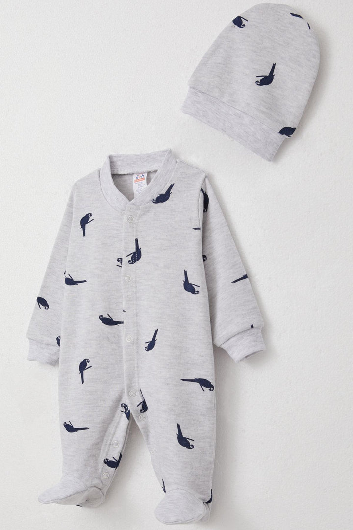 BRE Breeze Baby Boy Footed Romper Cute Parrot Patterned 0-6 Months, Light Grey Melange - Gori