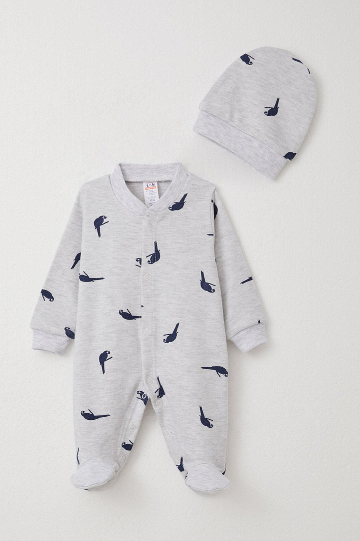 BRE Breeze Baby Boy Footed Romper Cute Parrot Patterned 0-6 Months, Light Grey Melange - Gori