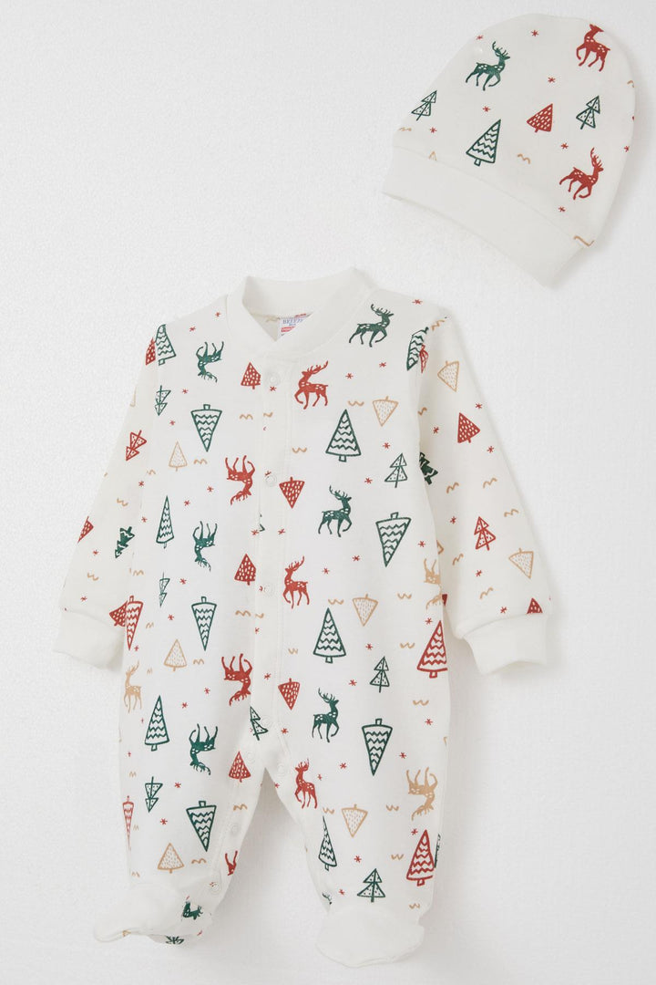 BRE Breeze Baby Boy Romper with Socks New Year's Themed Deer Patterned 0-6 Months, Ecru - Alpharetta