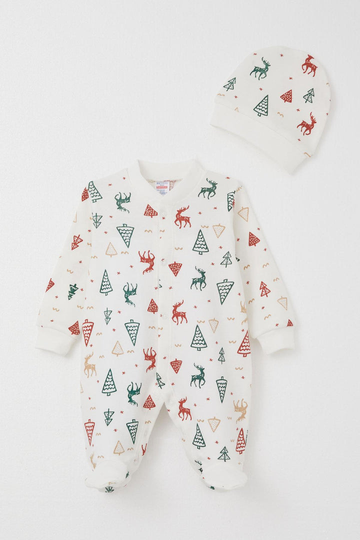 BRE Breeze Baby Boy Romper with Socks New Year's Themed Deer Patterned 0-6 Months, Ecru - Alpharetta