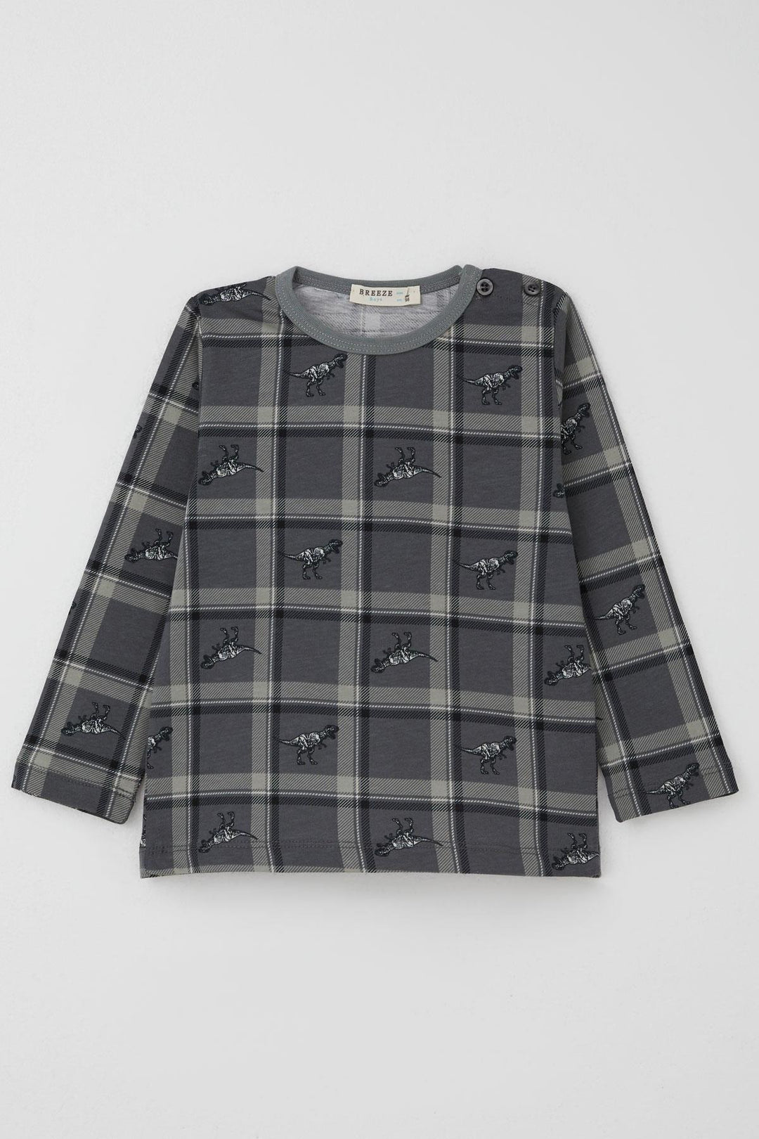 BRE Breeze Erkek Bebek Pijama Takımı Dinozor Krallığı Ekose Desenli 9 Ay-3 Yaş, Gri - Cerignola