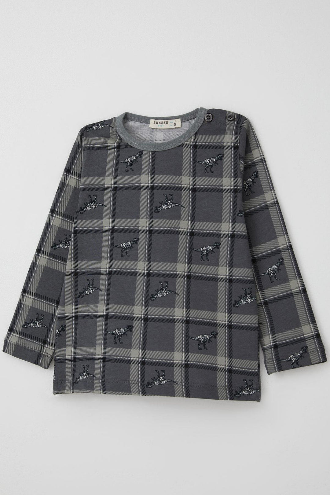 BRE Breeze Erkek Bebek Pijama Takımı Dinozor Krallığı Ekose Desenli 9 Ay-3 Yaş, Gri - Cerignola