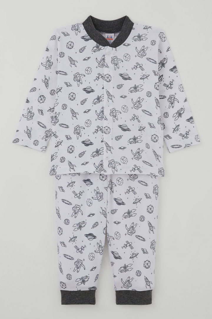 BRE Breeze Erkek Bebek Pijama Takımı Galaksi Temalı Önden Çıtçıtlı 4 Ay - 1 Yaş , Beyaz - Lancaster
