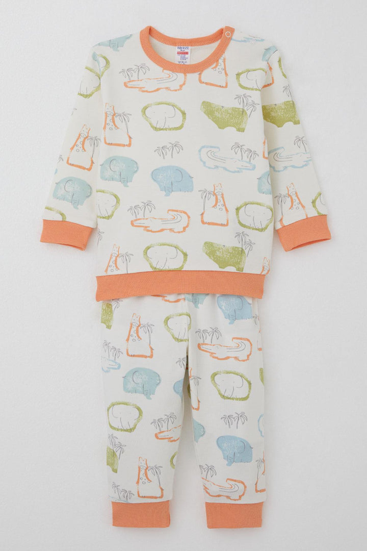 BRE Breeze Baby Boy Pajama Set Shoulder Buttoned Safari Themed Animal Patterned 4 Months Year, Beige - Golden Glades