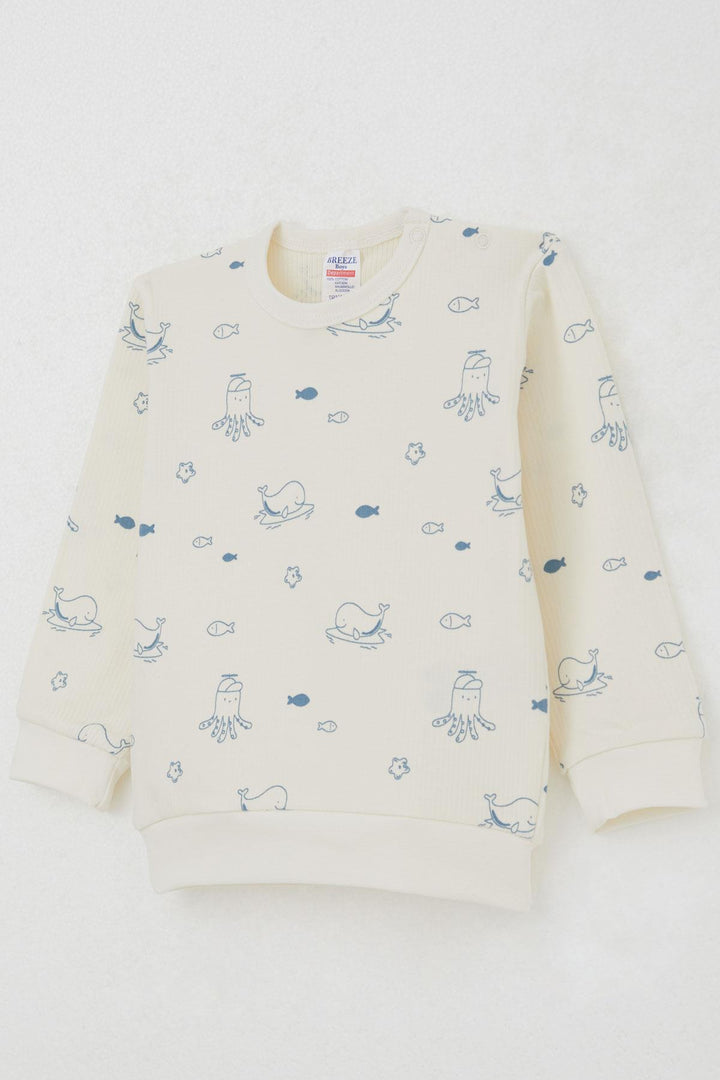 BRE Breeze Baby Boy Pyjama Set Shoulder Buttoned Cute Sea Animals Patterned 4 Months Year, Cream - Rochester