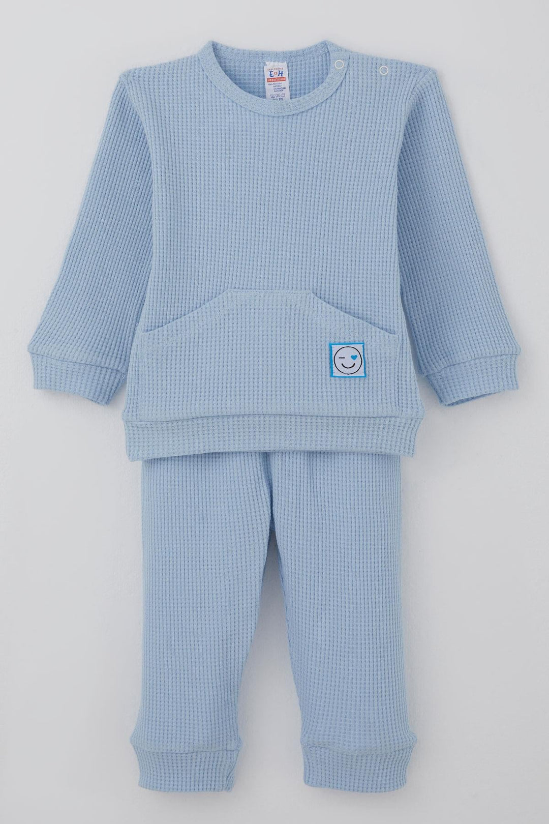 BRE Breeze Baby Boy Pyjama Set Shoulder Buttoned Kangaroo Pocket Smiley Face Embroidered 4 Months Year, Light Blue - Görlitz