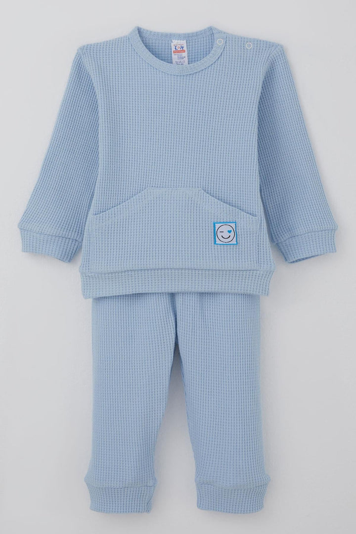 BRE Breeze Baby Boy Pyjama Set Shoulder Buttoned Kangaroo Pocket Smiley Face Embroidered 4 Months Year, Light Blue - Görlitz