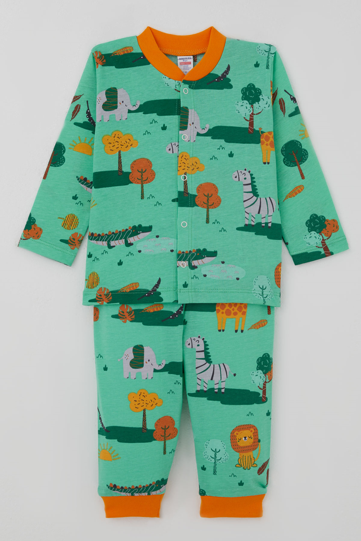 BRE Breeze Erkek Bebek Pijama Takımı Safari Temalı Sevimli Hayvancıklar Desenli Önden Çıtçıtlı 4 Ay Yaş, Yeşil - Wagga Wagga