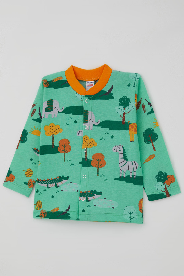 BRE Breeze Erkek Bebek Pijama Takımı Safari Temalı Sevimli Hayvancıklar Desenli Önden Çıtçıtlı 4 Ay Yaş, Yeşil - Wagga Wagga