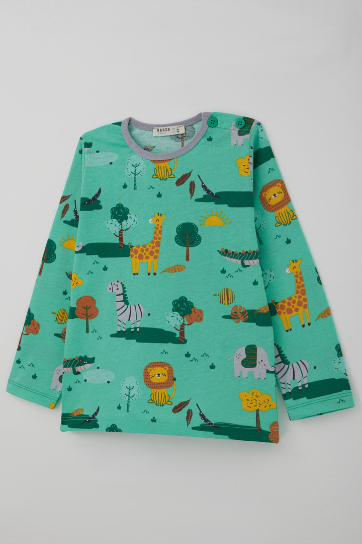 BRE Breeze Erkek Bebek Pijama Takımı Safari Temalı Sevimli Hayvancıklar Desenli 9 Ay - 3 Yaş , Yeşil - Ogden