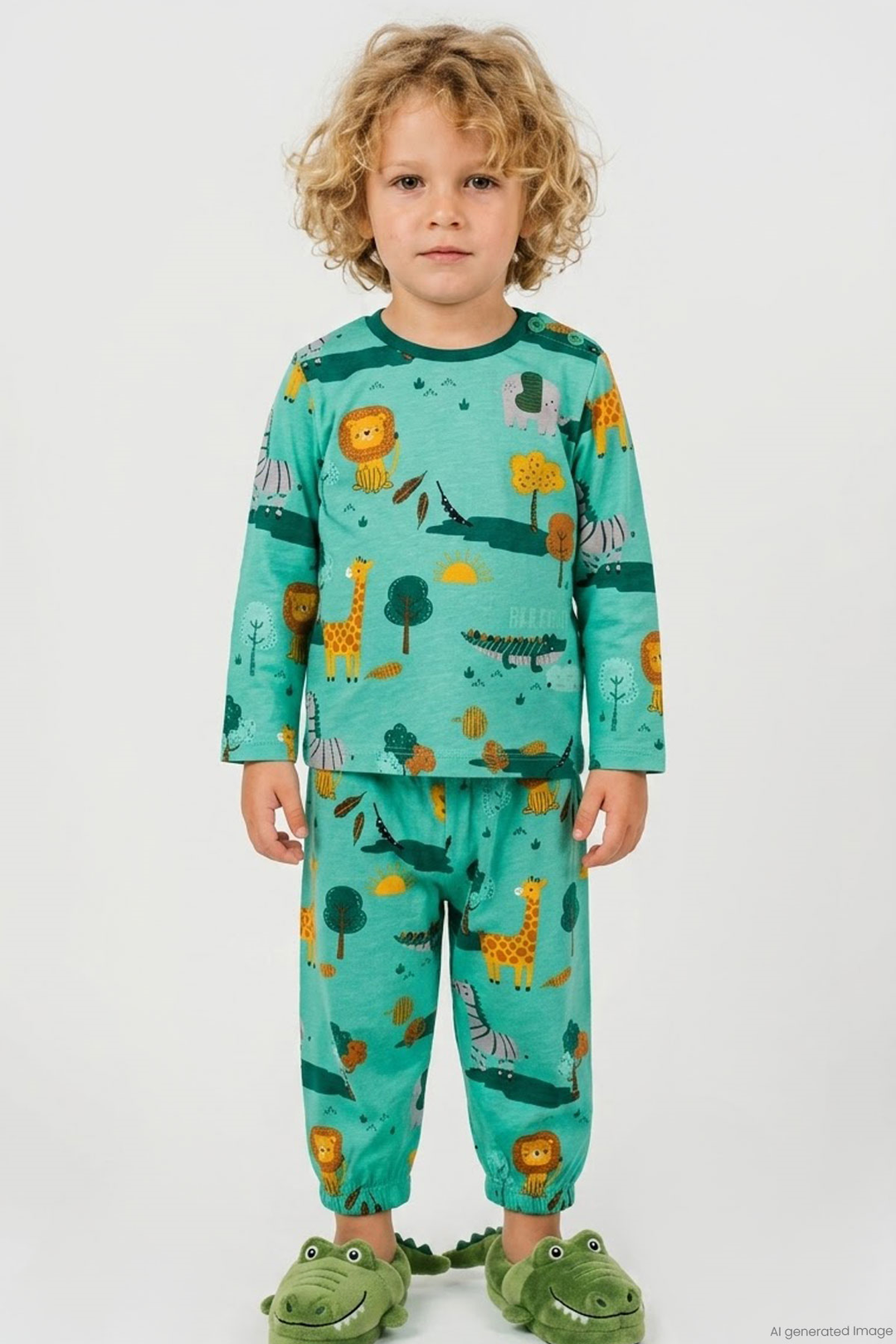 BRE Breeze Erkek Bebek Pijama Takımı Safari Temalı Sevimli Hayvancıklar Desenli 9 Ay-3 Yaş, Yeşil - Wellington