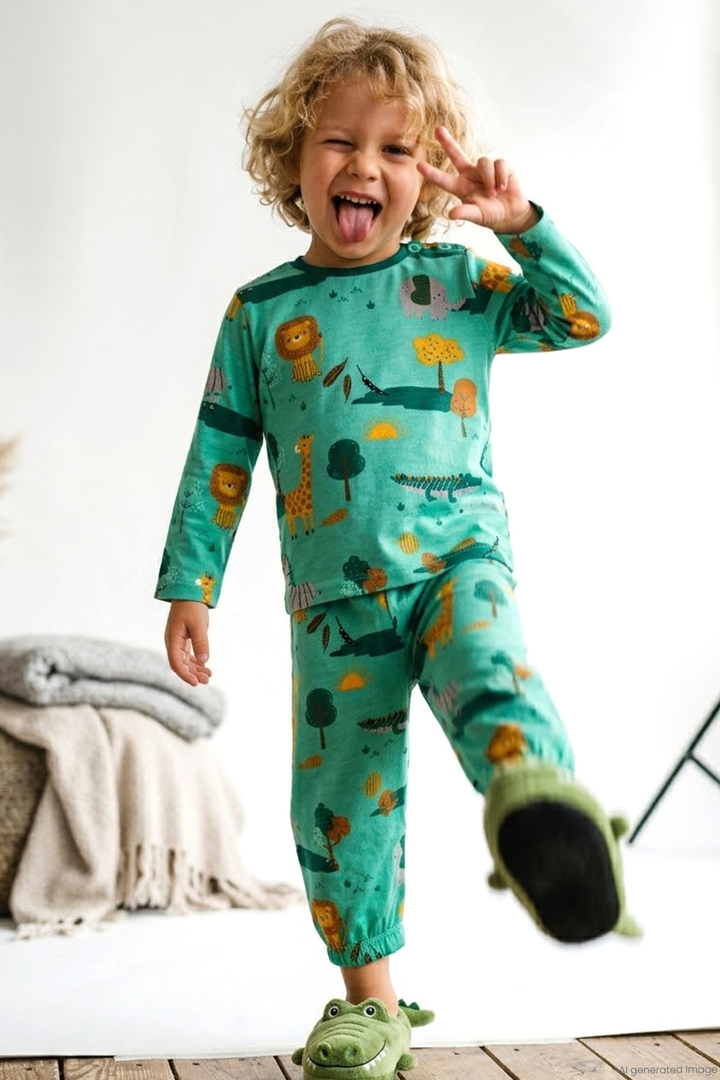 BRE Breeze Erkek Bebek Pijama Takımı Safari Temalı Sevimli Hayvancıklar Desenli 9 Ay-3 Yaş, Yeşil - Wellington