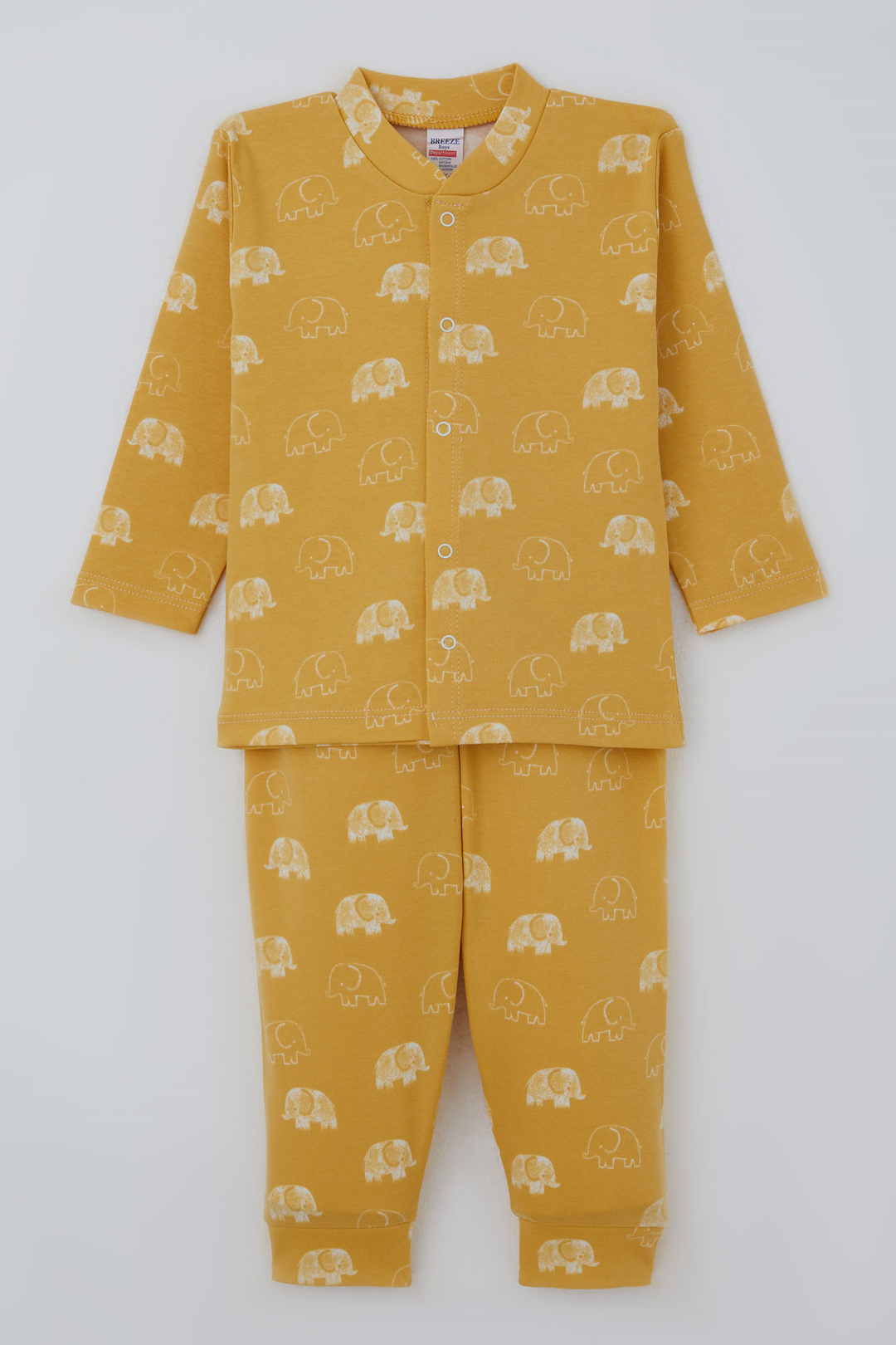 BRE Breeze Erkek Bebek  Pijama Takımı Sevimli  Bebek Fil Desenli Önden Çıtçıtlı 4 Ay - 1 Yaş , Hardal Sarı - Las Delicias