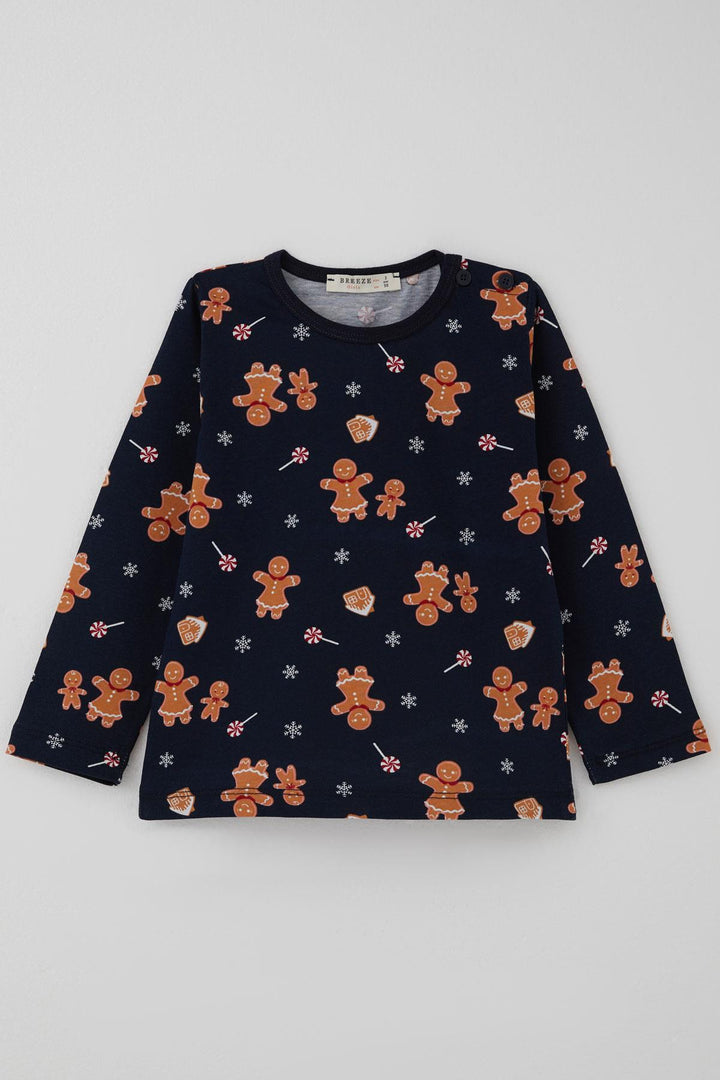 BRE Breeze Baby Boy Pajama Set New Year's Themed Gingerbread Man Patterned 9 Months-3 Years, Navy Blue - Bartlett