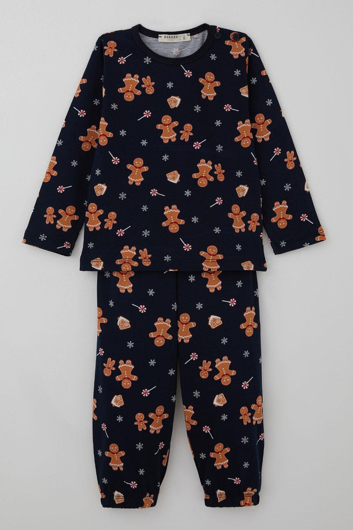 BRE Breeze Baby Boy Pajama Set New Year's Themed Gingerbread Man Patterned 9 Months-3 Years, Navy Blue - Bartlett