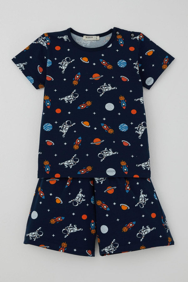 BRE Breeze Erkek Bebek Şortlu Pijama Takımı Galaksi Temalı Astronot Desenli 9 Ay-3 Yaş, Lacivert - Centreville