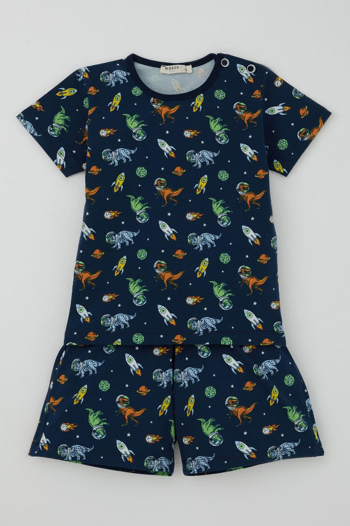 BRE Breeze Erkek Bebek Şortlu Pijama Takımı Uzay Temalı Astronot Dinozor Desenli 9 Ay-3 Yaş, Lacivert - Colonie