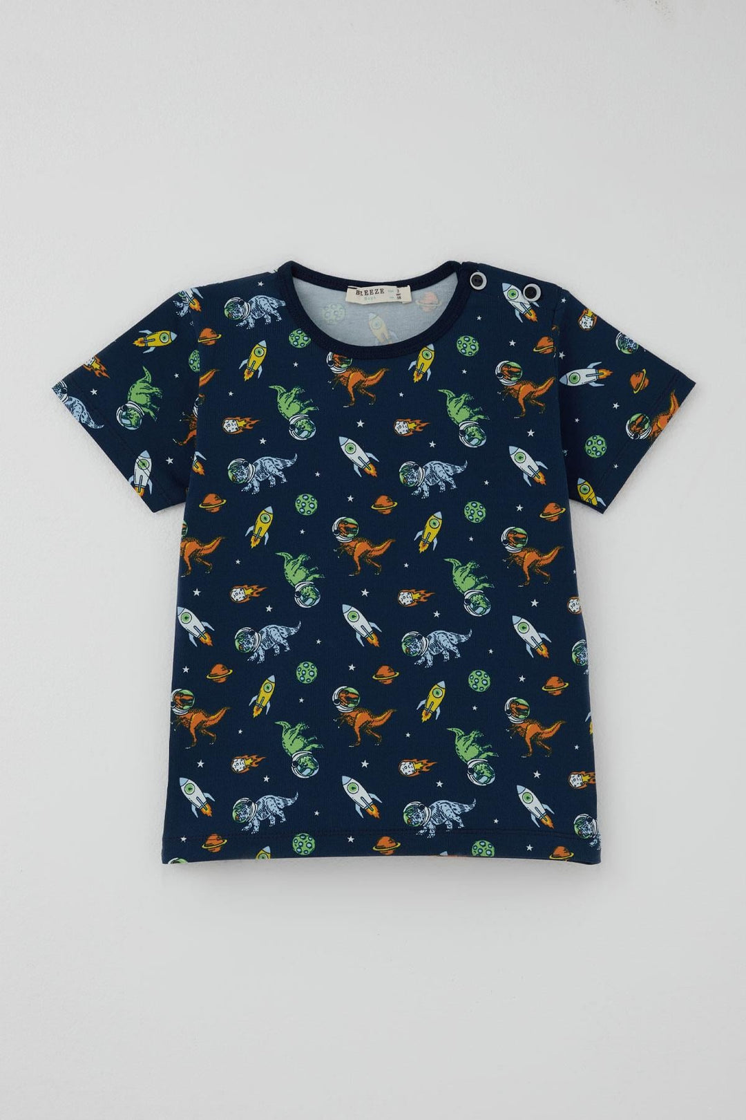 BRE Breeze Erkek Bebek Şortlu Pijama Takımı Uzay Temalı Astronot Dinozor Desenli 9 Ay-3 Yaş, Lacivert - Colonie