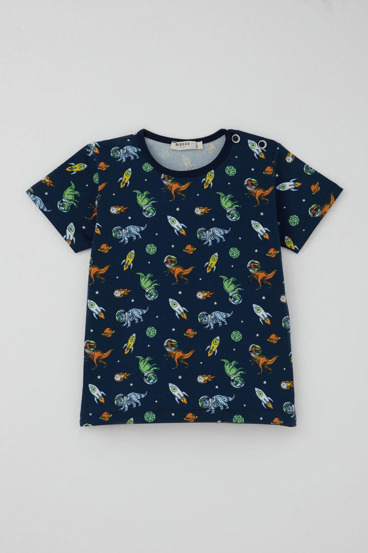 BRE Breeze Erkek Bebek Şortlu Pijama Takımı Uzay Temalı Astronot Dinozor Desenli 9 Ay-3 Yaş, Lacivert - Colonie
