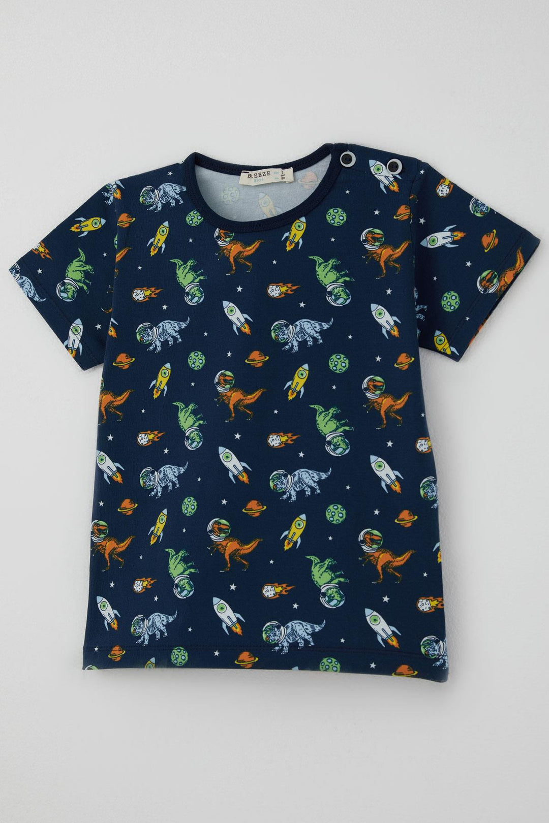 BRE Breeze Erkek Bebek Şortlu Pijama Takımı Uzay Temalı Astronot Dinozor Desenli 9 Ay-3 Yaş, Lacivert - Colonie
