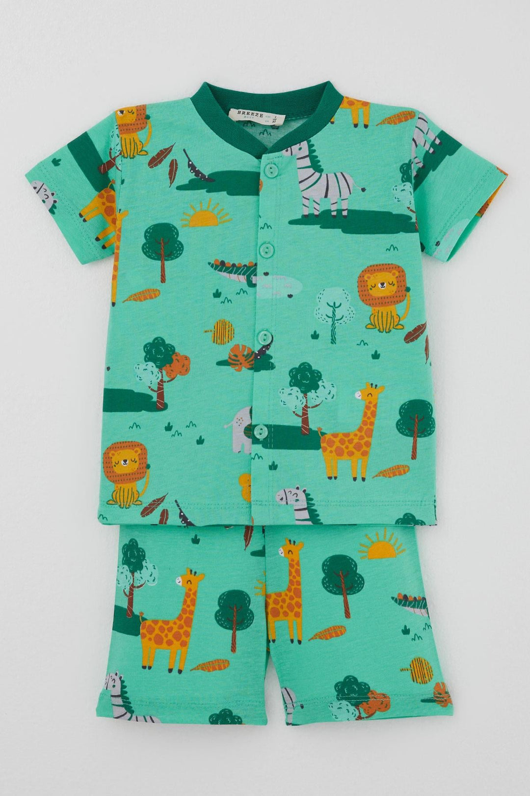 BRE Breeze Erkek Bebek Şortlu Pijama Takımı Safari Temalı Sevimli Hayvancıklar Desenli 4 Ay - 1 Yaş , Yeşil - Champaign