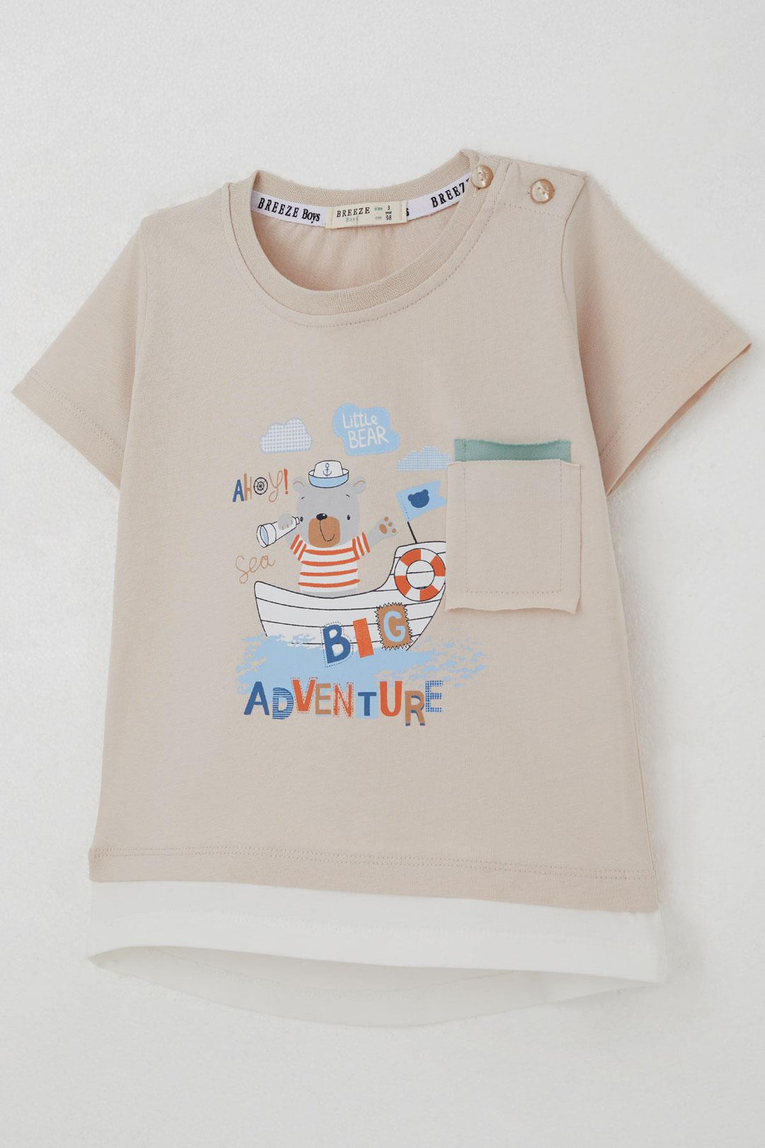 BRE Breeze Baby Boy Shorts Set Cute Captain Bear Printed Pocket Detailed 9 Months-3 Years, Beige - Greven