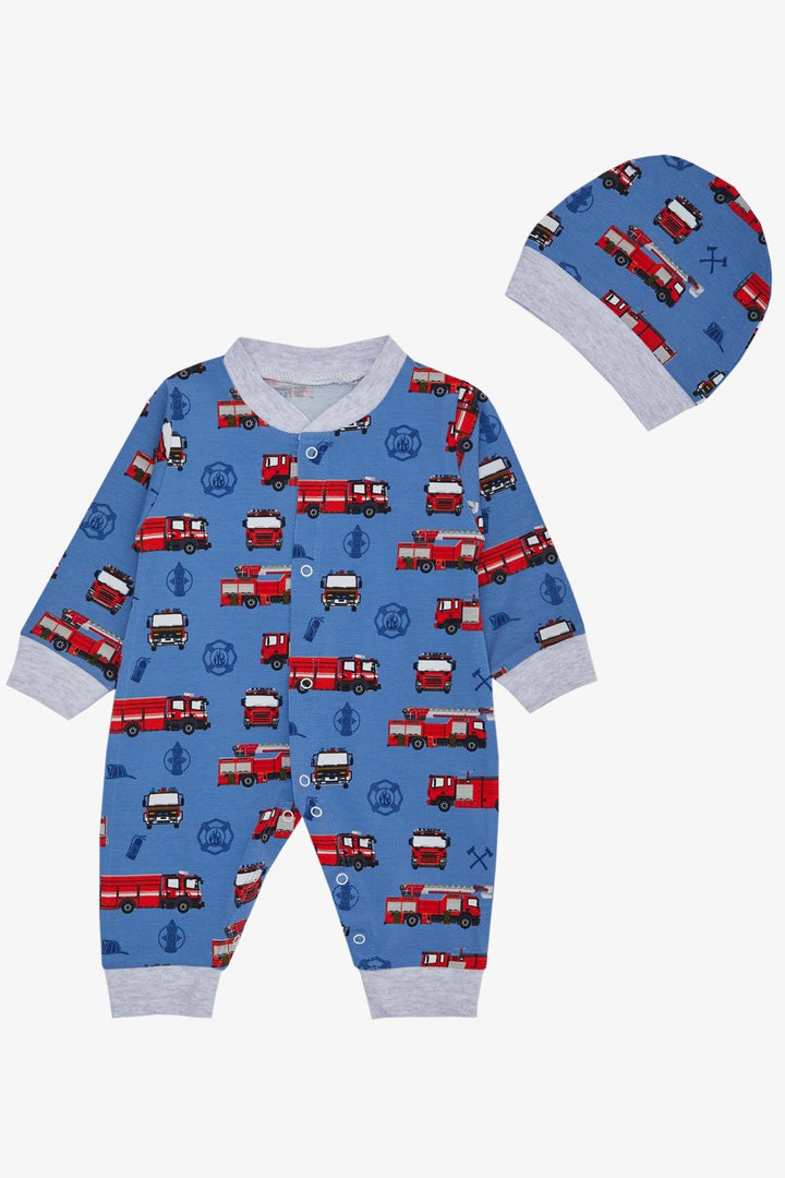 BRE Breeze Baby Boy Romper Fire Truck منقوشة 0-6 أشهر، نيلي - لينوود