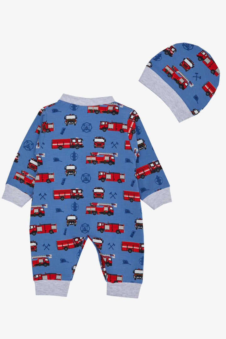 BRE Breeze Baby Boy Romper Fire Truck منقوشة 0-6 أشهر، نيلي - لينوود