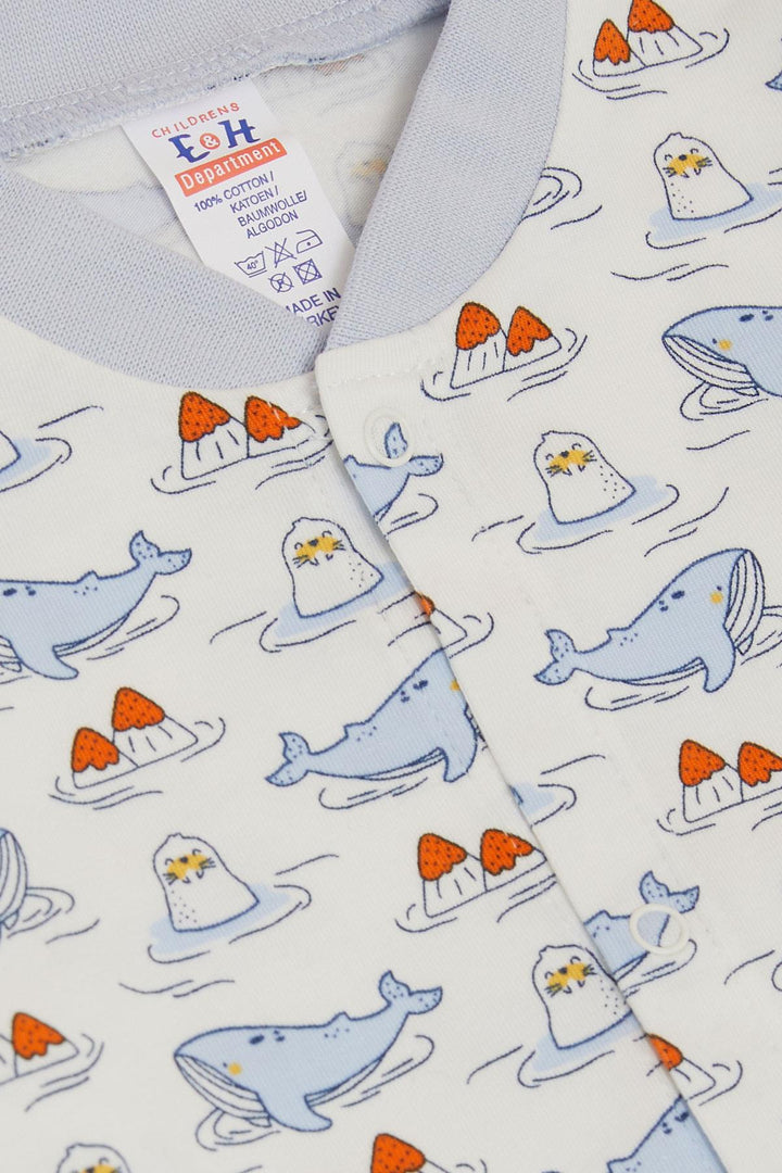 BRE Breeze Baby Boy Romper Cute Sea Friends نمط الحوت والختم 0-6 أشهر، أبيض - Salzgitter