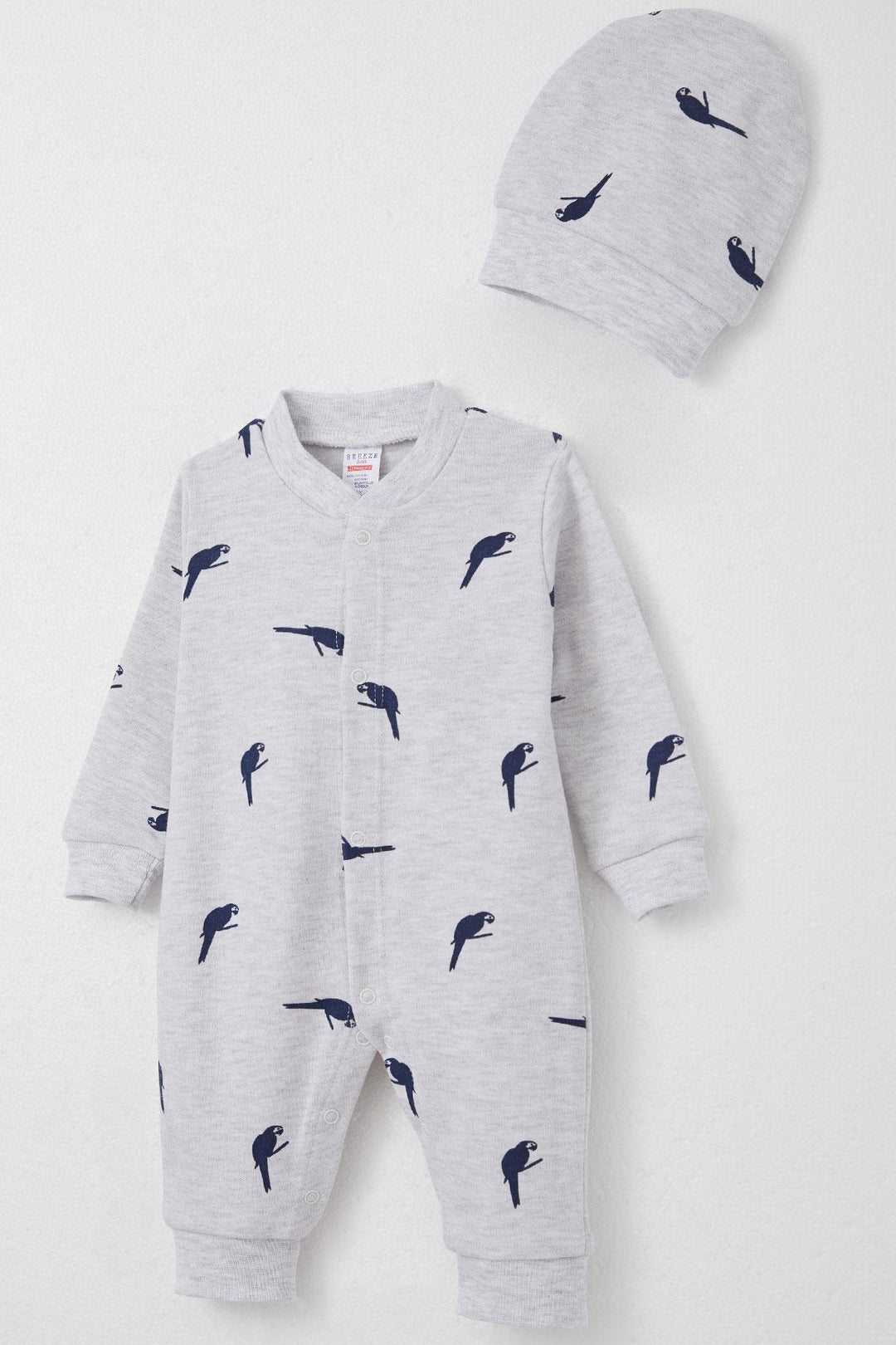 BRE Breeze Baby Boy Romper Cute Parrot Patterned 0-6 Months, Light Grey Melange - Segrate