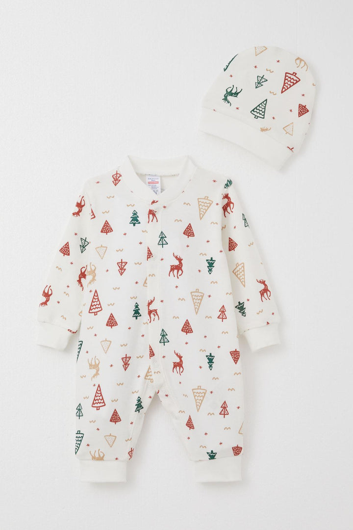 BRE Breeze Baby Boy Romper Christmas Themed Deer Patterned 0-6 Months, Ecru - Torrance