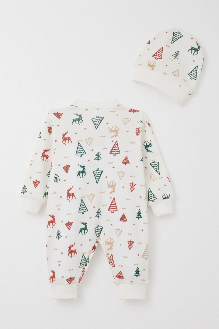 BRE Breeze Baby Boy Romper Christmas Themed Deer Patterned 0-6 Months, Ecru - Torrance