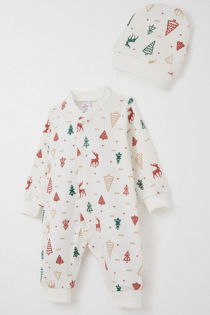 BRE Breeze Baby Boy Romper Christmas Themed Deer Patterned 0-6 Months, Ecru - Torrance