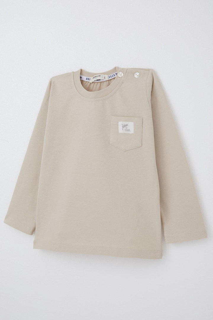 BRE Breeze Baby Boy Long Sleeve T-Shirt with Pocket Detail Cool Writing Emblem 9 Months-3 Years, Beige - Salzgitter