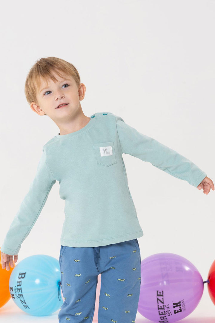 تي شيرت BRE Breeze Baby Boy بأكمام طويلة مع كتابة رائعة وجيب للذراع من 9 أشهر إلى 3 سنوات، أخضر مائي - Móstoles